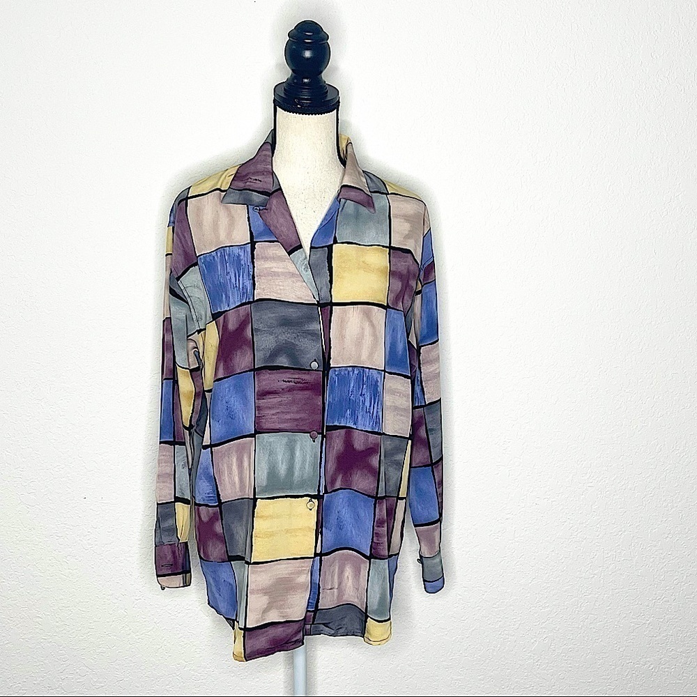 VINTAGE LE CAVIAR Multicolor Long Sleeve Geometric Button Up Blouse Size Small